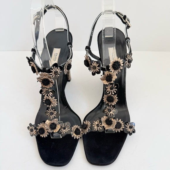 Prada Shoes - Prada Black Python Snakeskin Suede Floral Appliqué T-Strap Wedge Sandals EU40